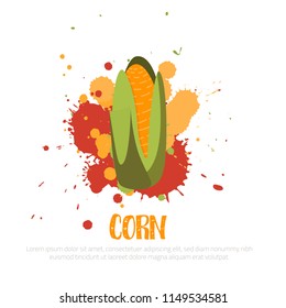 Trendy cartoon gyellow corn vector illustration. Farm design element on grunge splash. Healthy food concept