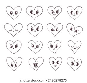 Trendy cartoon heart characters. Outline hearts, coloring book. Valentines day. Vector illustration