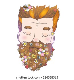 Trendy Cartoon Hipster Man With Flower Beard. Hipster Vector Illustration For Your Design.