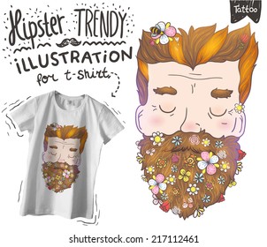 Trendy cartoon hipster man with flower beard and a bee on the head. Hipster vector illustration for your design. white vector t-shirt mock up.