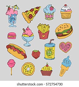 Trendy cartoon label stickers set  with fast food  in 80s 90s style. Vector 

