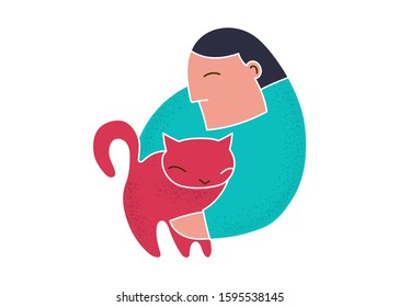 Trendy cartoon man holding red cat. Hand drawn vector about animal care illustration. Happy young man hugs cat. Cute cat simple line art vector. Simple trendy cartoon people hold animal.