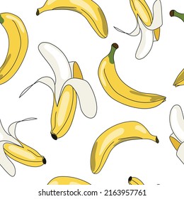 Trendy cartoon pattern with yellow banana seamless pattern on white background.Vector fabric seamless pattern.Cartoon tpoic fruit banana.Cute summer wallpaper.