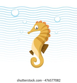 Trendy cartoon sea horse swimming underwater. Kid education flat design. Blue waves and bubbles. Vector icon.