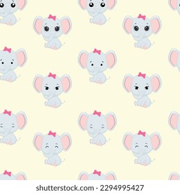Trendy cartoon seamless pattern with baby elephants on a yellow background. Funny vector illustration for children's textiles, paper, gifts and graphic design. Children's style.