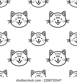 Trendy cartoon seamless pattern with cute doodle cat faces on transparent background. Funny vector illustration for kids textile, paper, gift, web and graphic design. Childish style.