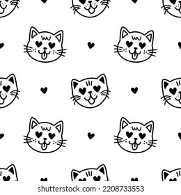 Dibujo de moda sin fisuras con caras adorables de gato doodle sobre fondo transparente. Graciosa ilustración vectorial para niños de textil, papel, regalo, web y diseño gráfico. Estilo infantil.
