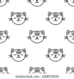 Trendy Cartoon nahtloses Muster mit süßen doodle Katzengesichtern auf transparentem Hintergrund. Funny Vektorgrafik für Kinder Textil, Papier, Geschenk, Web und Grafik Design. Childischer Stil.