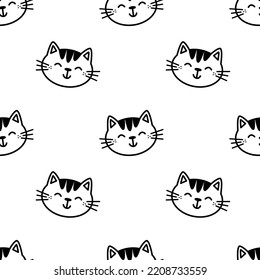 Dibujo de moda sin fisuras con caras adorables de gato doodle sobre fondo transparente. Graciosa ilustración vectorial para niños de textil, papel, regalo, web y diseño gráfico. Estilo infantil.