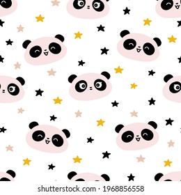 Trendy cartoon seamless pattern with stars pattern and panda face on white background.