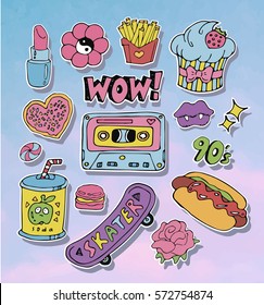 Trendy cartoon stickers or patches set  with cute design elements in 80s 90s style. Vector 

