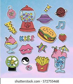 Trendy cartoon stickers or patches set  with cute design elements in 80s 90s style. Vector 

