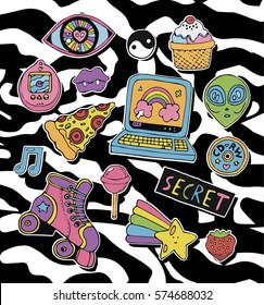 Trendy cartoon stickers or patches set with cute design elements in 80s 90s style. Vector.Zebra animal print background.