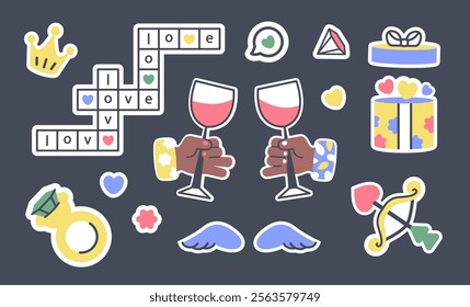 Trendy cartoon stickers.Valentine's Day label set. Hand drawn Doodle Valentine elements. Two hands holding wine glasses. Crossword puzzle, ring, gift box, cupid arrow, hearts. Vector