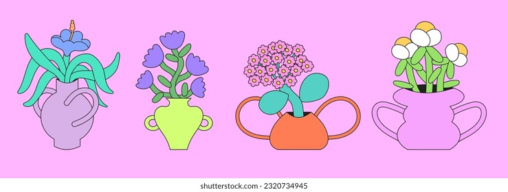 Trendy cartoon still life flowers in abstract shape vase. Various colorful flowers for textile, print, poster, placard, web or social media banner in doodle outline groovy style. Interior painting. 