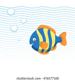 Trendy cartoon striped fish swimming underwater. Blue waves and bubbles. Colorful vector flat style illustration. 