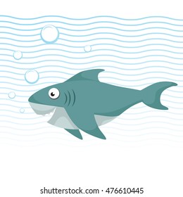 Trendy cartoon style cheerful shark with big eyes swimming underwater. Waves and bubbles. Educational simple gradient vector icon.