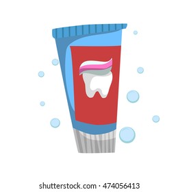 Trendy cartoon style fresh mint toothpaste standing tube. Every day hygiene and dental care vector illustration.