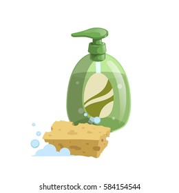 Trendy cartoon style green liquid soap bottle with dispenser and bubbles, yellow sponge. Hygiene and health care vector illustration.