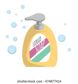 Trendy cartoon style liquid soap bottle with dispenser and bubbles. Every day hygiene and health care vector illustration.