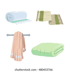 Trendy cartoon style towels icon set. Bath, home, hotel flat symbols. Vector hygiene illustration collection.