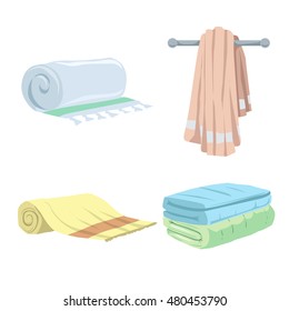 Trendy cartoon style towels icon set. Bath, home, hotel flat symbols. Vector hygiene illustration collection.