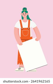 Trendy cartoon vector illustration of smiling girl in orange overalls holding a blank sign. Whimsical and playful design, perfect for messages, protests, or creative projects. Hand drawn vector image