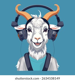 A trendy cartoon vector of a white goat wearing large headphones and a hoodie, ideal for branding, podcast covers, DJ profiles, and fun merchandise. This hipster-style animal character 