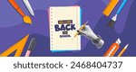 Trendy cartoon welcome back school background with school supplies and collage halftone hand holding a pencil. Pen, ruler, scissors, marker and notebook paper elements. Educational vector template.