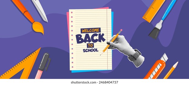 Trendy cartoon welcome back school background with school supplies and collage halftone hand holding a pencil. Pen, ruler, scissors, marker and notebook paper elements. Educational vector template.