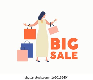 Trendy cartoon woman carry shopping bags enjoy big sale isolated on white. Colorful female shopaholic holding purchases during seasonal discount vector flat illustration. Happy lady with packages