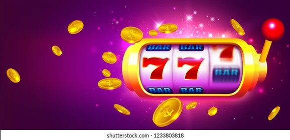 Trendy Casino Vector Illustration with Slot Machine and Coins.  Fun Purple Background for your Gambling Business and Advertising 