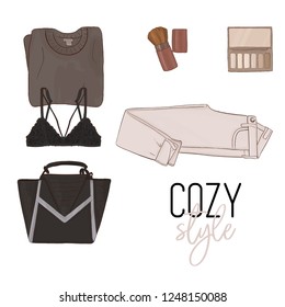 Trendy casual outfit:denim jeans, top, lace bra, cosmetics and bag fasion sketch. Vector illustration.Stylish woman cloth store advertising print