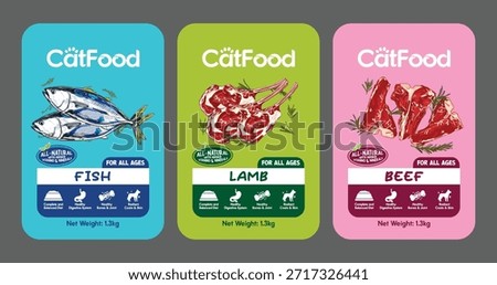 Trendy cat food packaging label set featuring lamb, beef, and fish flavors. Ideal for premium feline nutrition branding, healthy pet food products, retail packaging, pet shops, and animal care marketing.