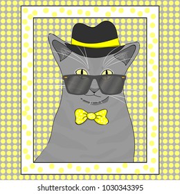 Trendy cat in a hat with a yellow stripe, yellow polka dot bow and sunglasses. Portrait of a handsome cat in a frame on a retro background. Vector cute cat.