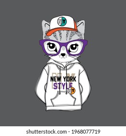 Trendy cat portrait. Cute cat in basketball cap and glasses vector illustration. T-shirt graphics design.