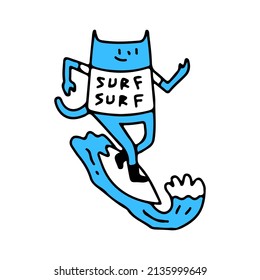 Trendy cat surfing, illustration for t-shirt, street wear, sticker, or apparel merchandise. With retro, and cartoon style.