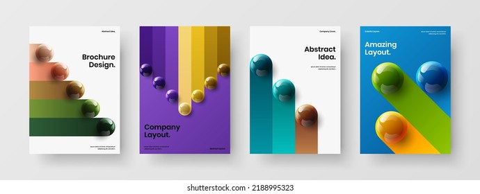Trendy catalog cover A4 design vector concept composition. Vivid realistic balls front page template set.