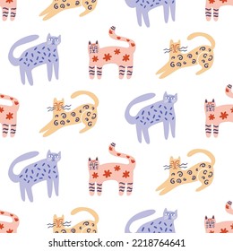 Patrón de moda para gatos sin costura. Los gatos ornamentales de estilo retro dibujados a mano dan forma a la textura de fondo. Impresión minimalista a mediados del siglo. Diseño extensible vintage.
