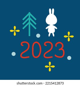 Trendy celebration New Year 2023 print with hare, numbers, tree and stars. Perfect for T-shirt, stickers, poster. Modern vector illustration for decor and design. 


