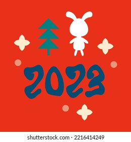 Trendy celebration New Year 2023 print with hare, numbers, tree and stars. Perfect for T-shirt, stickers, poster. Modern vector illustration for decor and design. 


