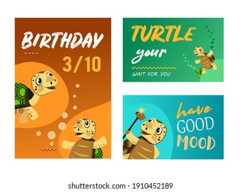Trendy celebration party invitation designs with turtle. Creative birthday invitations with funny turtle. Marine wildlife and animals concept. Template for leaflet, banner or flyer