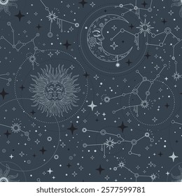 Trendy celestial seamless pattern, hand drawn spiritual gray background, sun, stars, moon, constellation. Vector illustration. Boho mystical esoteric design. For textiles, wallpapers, surfaces.