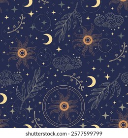 Trendy celestial seamless pattern, hand drawn spiritual background, sun, stars, moon, space, plants. Vector illustration. Boho mystical esoteric design. For textiles, wallpapers, surfaces.