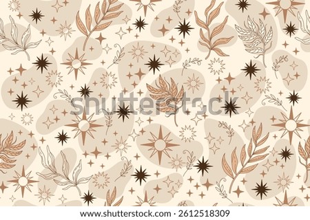 Trendy celestial seamless pattern with hand drawn spiritual space elements animals, sun, stars, moon, herbs. Boho magic background. Design for textile, cards, fabric, print, greeting, poster, clothes