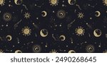 Trendy celestial seamless pattern, spiritual background hand drawn, stars, moon, space, great for textiles, wallpapers, surfaces - vector design