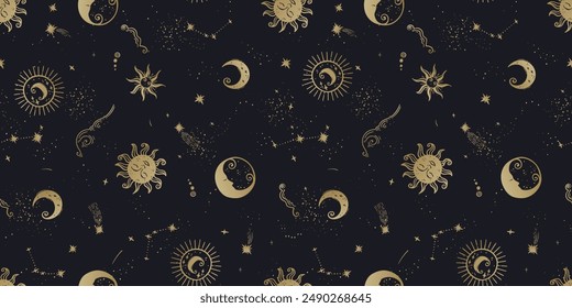 Trendy celestial seamless pattern, spiritual background hand drawn, stars, moon, space, great for textiles, wallpapers, surfaces - vector design