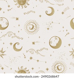 Trendy celestial seamless pattern, spiritual background hand drawn, stars, moon, space, great for textiles, wallpapers, surfaces - vector design