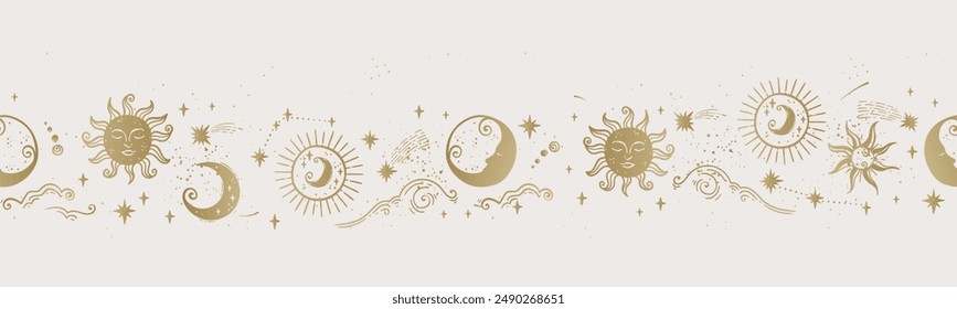 Trendy celestial seamless pattern, spiritual background hand drawn, stars, moon, space, great for textiles, wallpapers, surfaces - vector design