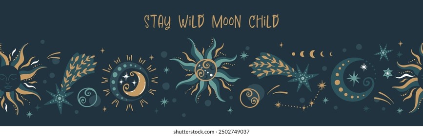 Trendy celestial seamless pattern, spiritual background hand drawn, stars, moon, space, great for textiles, wallpapers, surfaces - vector design